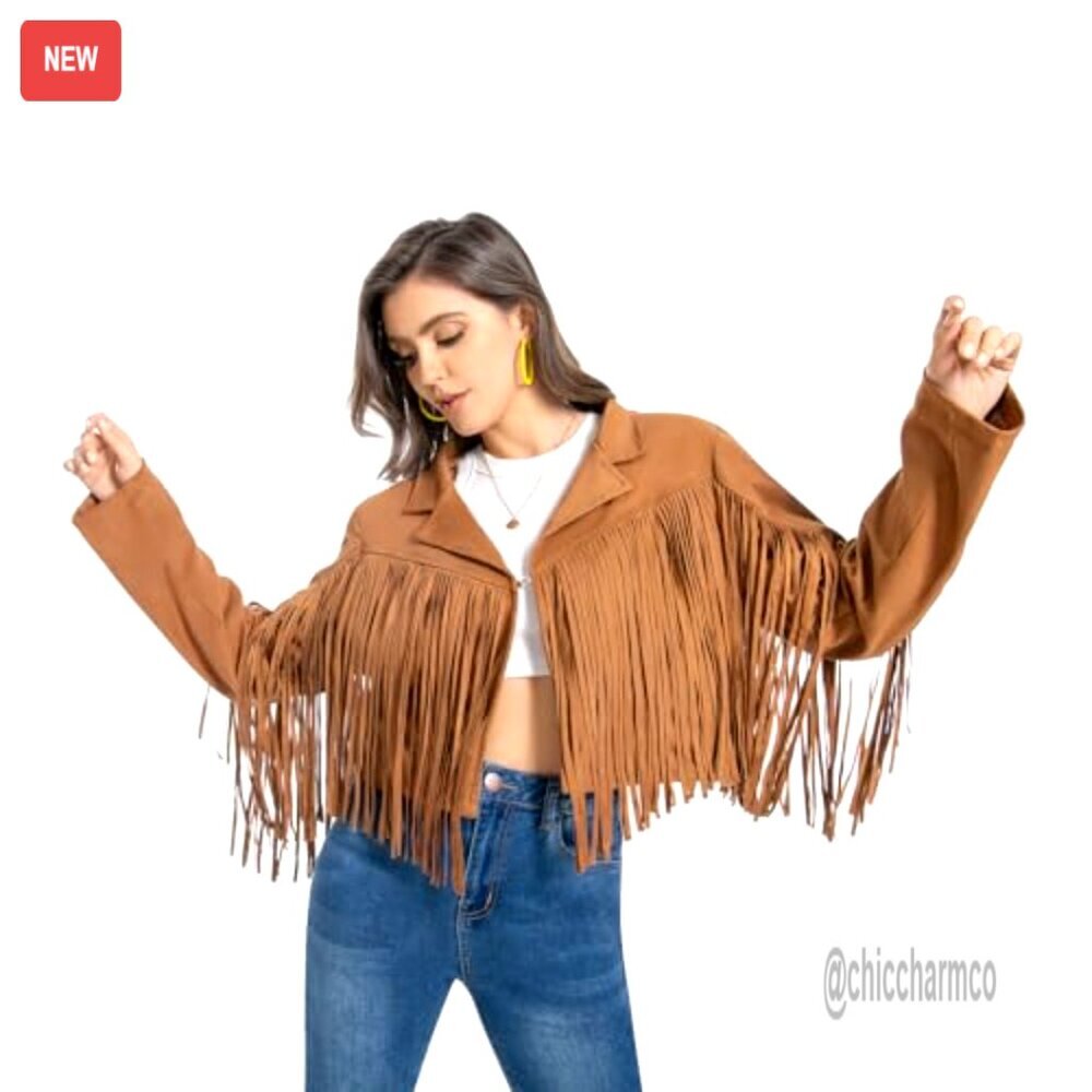 Faux Suede Leather Fringe Jacket Crop Moto Top Western Cowgirl - Picture 2 of 4